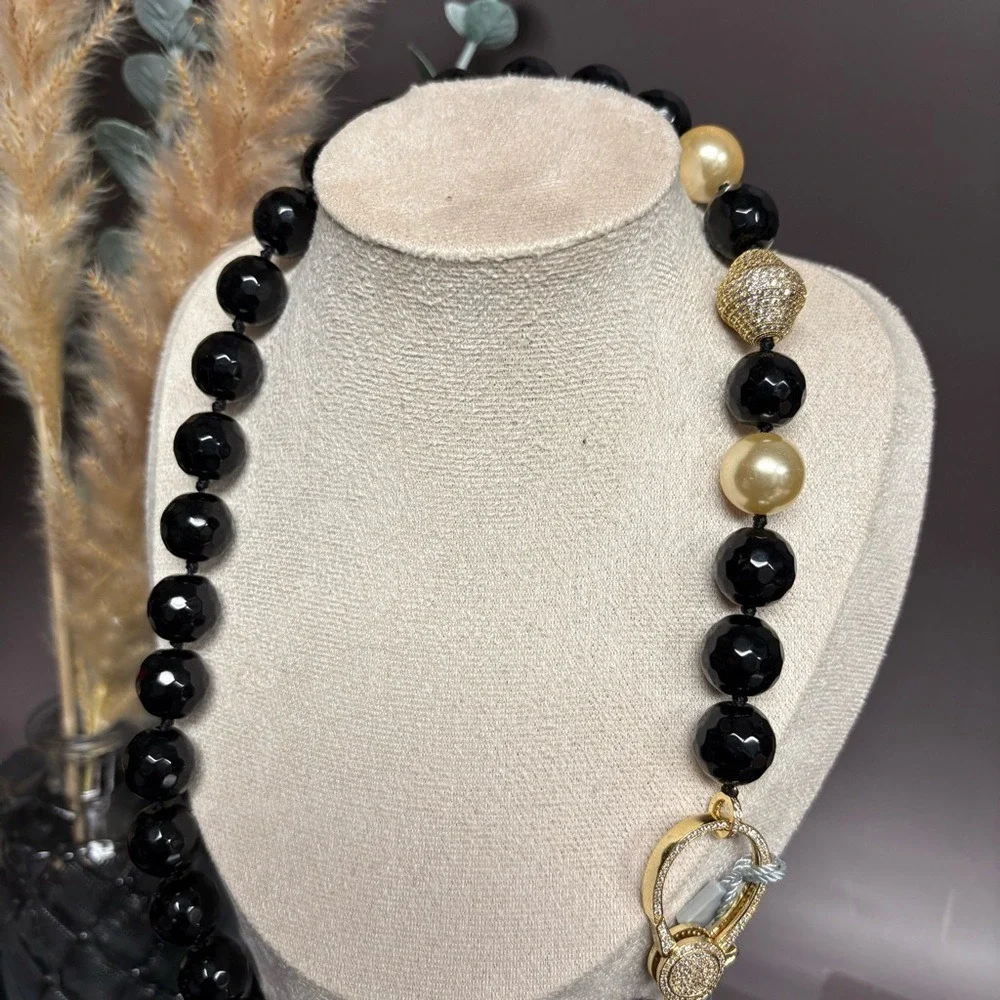Bella Pietra Black Onyx Beaded Necklace | Pearl Accent‎ Crystal Clasp | NWT